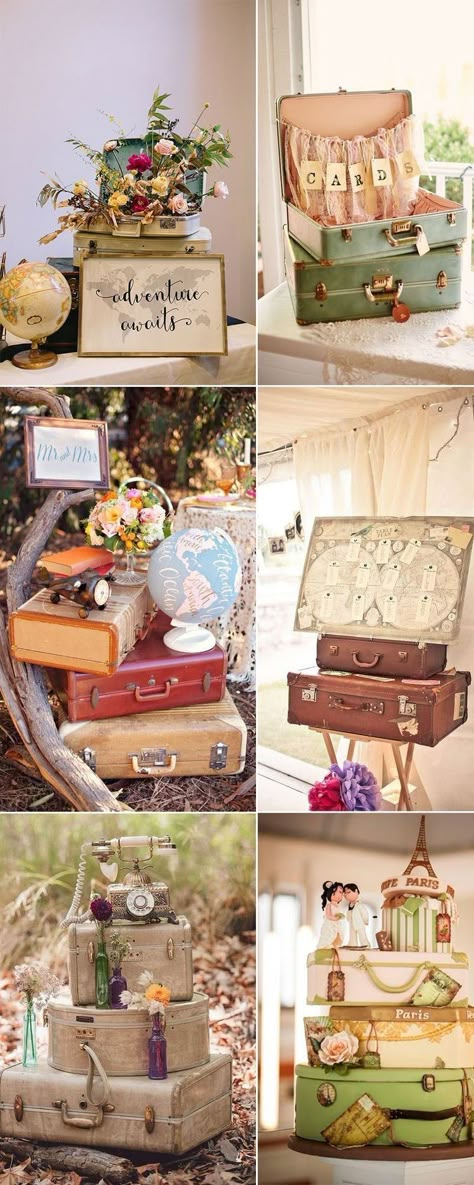 Vintage Suitcase Wedding, Love Is A Journey, Travel Theme Bridal Shower, Travel Bridal Showers, Travel Themed Wedding, Tafel Decor, Vintage Wedding Photos, Themed Wedding Cakes, Travel Theme Wedding