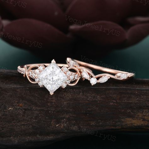 Princess cut moissanite ring set Unique rose gold engagement ring set Dainty diamond bridal set Twist promise ring Antique marriage ring ● Engagement Ring information: --main stone: Moissanite --stone size & shaped: 6.5mm & Princess cut --side stones: Moissanite or Diamond --side stone weight: about 0.22ct ● Wedding Band information: --stone: Moissanite or Diamond  --stone weight: 0.17ct --shape: marquise/round --band width & thickness: 1.2mm & 1.2mm ● Optional service: --personalized order --ru Vintage Princess Cut Rings, Vintage Princess Cut Engagement Ring, Rotated Princess Cut Engagement Ring, Marquise Diamond Ring With Band Bridal Sets, Tilted Princess Cut Engagement Ring, Unique Princess Cut Engagement Rings, Vintage Gold Wedding Rings, Bridal Ring Sets Princess Cut, Rose Gold Princess Cut Engagement Ring