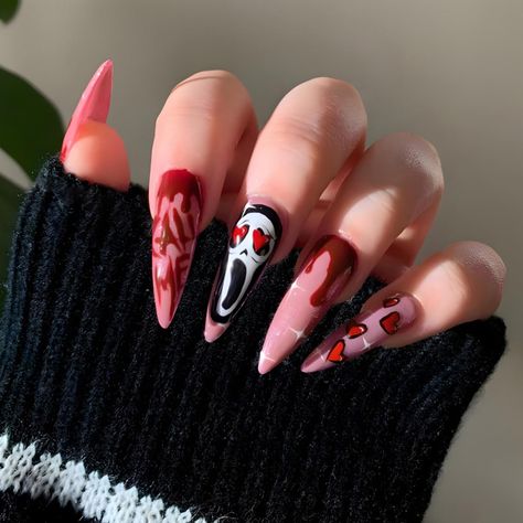 Halloween Press on Nails Long Stiletto Fake Nails with Ghost Bloody Designs Full Cover Acrylic Nails Coffin False Nails for Women and Girls DIY Halloween Decoration 24Pcs Horror Nails, Halloween Press On Nails, Halloween Nail Designs, Stick On Nails, Fire Nails, Dope Nails, Artificial Nails, Nail Decorations, Cute Acrylic Nails