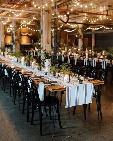 Modernly | Event Rentals | Design | Custom Installations on Instagram: "What’s black and white and green all over? ⚫️⚪️🟢⚫️⚪️🟢⚫️⚪️🟢 ⠀⠀⠀⠀⠀⠀⠀⠀⠀⠀⠀⠀⠀⠀⠀⠀⠀⠀ This gorgeous tablescape we designed for Catherine and Adam’s wedding celebration! ⠀⠀⠀⠀⠀⠀⠀⠀⠀⠀⠀⠀⠀⠀⠀⠀⠀⠀ Featured Rentals: Black Bentwood Chairs, Modernly Farm Tables, Bauhaus Hurricanes, Minimalist Vases, Dansk Tealight Holders ⠀⠀⠀⠀⠀⠀⠀⠀⠀⠀⠀⠀⠀⠀⠀⠀⠀⠀ Photography: @abbeylmoore Venue: @thewhiskeyfactory Design + Rentals: @modernlyevents Linen Rentals: Black And White Industrial Wedding, Black White And Wood Wedding, Black And White Farm Wedding, Wedding Black Chairs, Black Chairs Wedding, Dark Mid Century Modern, Farm Table Wedding, Modern Tablescape, Long Table Wedding