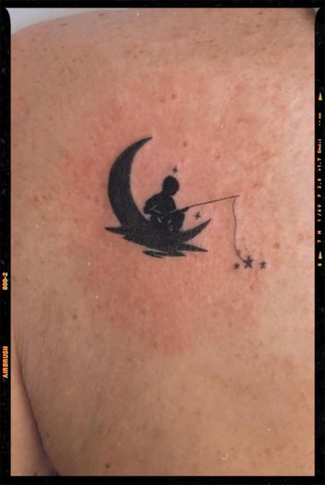 Pics edited by AirBrush App. Filter: Color +ult-3 • MOON TATTOO .#airbrush #retouch #photoeditor #filter #airbrushmakeup #airbrushart #airbrushfilter #inspiration #moon #moontattoo #minimalist Fishing On The Moon Tattoo, Disney Moon Tattoo, Man In The Moon Tattoo Designs, Small Moon Tattoo Men, Moon Man Tattoo, Sitting On The Moon Tattoo, Dreamworks Moon, Man On The Moon Tattoo, Man In The Moon Tattoo