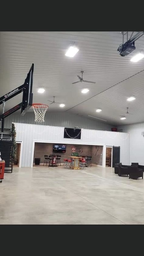 Shop With Basketball Court, Barndo Shop, Large Shop Ideas, Large Garage Interior, Huge Garage Ideas, Garage Sports Cave, Custom Interior, Shop Building Ideas Modern, Shop House Garage