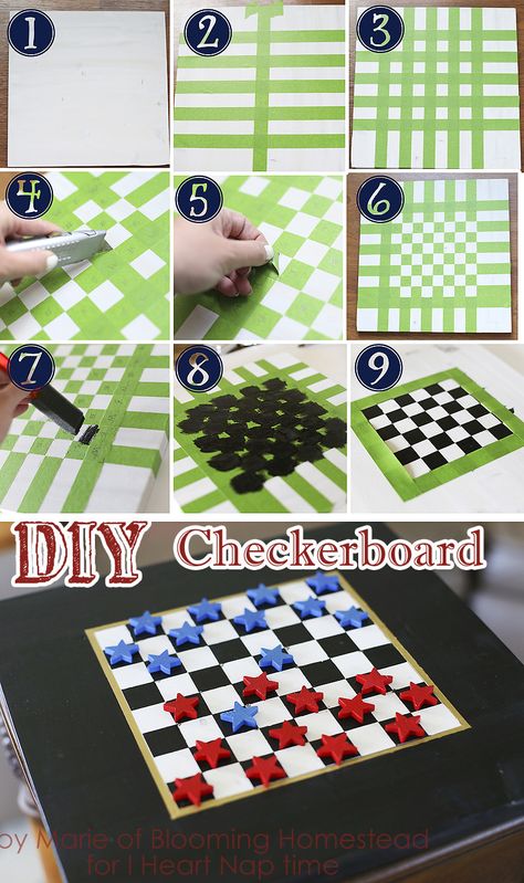 DIY Checker board game on iheartnaptime.com -fun idea for the 4th! The stars are wood shapes (found in the bare wood crafts isle at larger craft stores) Board Games Ideas, Diy Checkerboard, Checkerboard Table, Checkers Board Game, Board Games Diy, Checkers Game, Checker Board, Games Ideas, Fabulous Diy