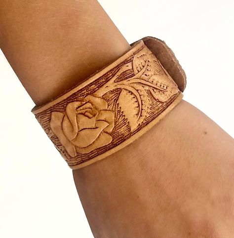 Floral Tooled Leather Bracelet Cuff Flower Rose Tooled Leather Handmade Upcyled from Vintage Leather Belt Boho Western American Vintage Clothing, Handmade Leather Bracelets, Vintage Leather Belts, Floral Bracelet, Leather Artisan, Leather Floral, Flower Rose, Leather Cuffs Bracelet, Bracelet Cuff