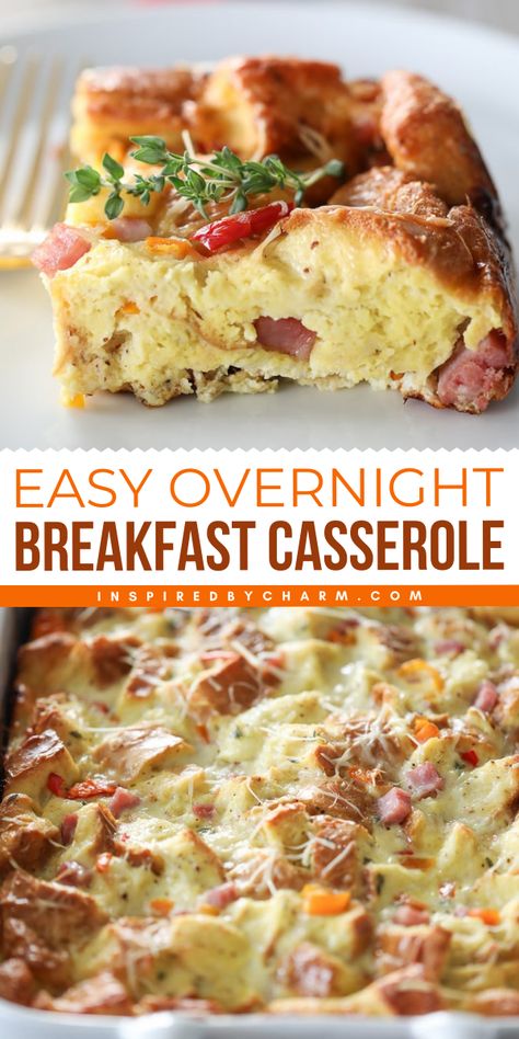 An easy school breakfast idea you can make in advance! You're going to love this egg casserole with bread. Complete with ham, cheese, and peppers, this overnight breakfast casserole is so flavorful! Save this simple back to school recipe! Easy Overnight Breakfast Casserole, Easy Overnight Breakfast, Delicious Breakfast Casserole, New Year's Desserts, Breakfast Casserole Recipe, Overnight Breakfast Casserole, Overnight Breakfast, Casserole Easy, Inspired By Charm