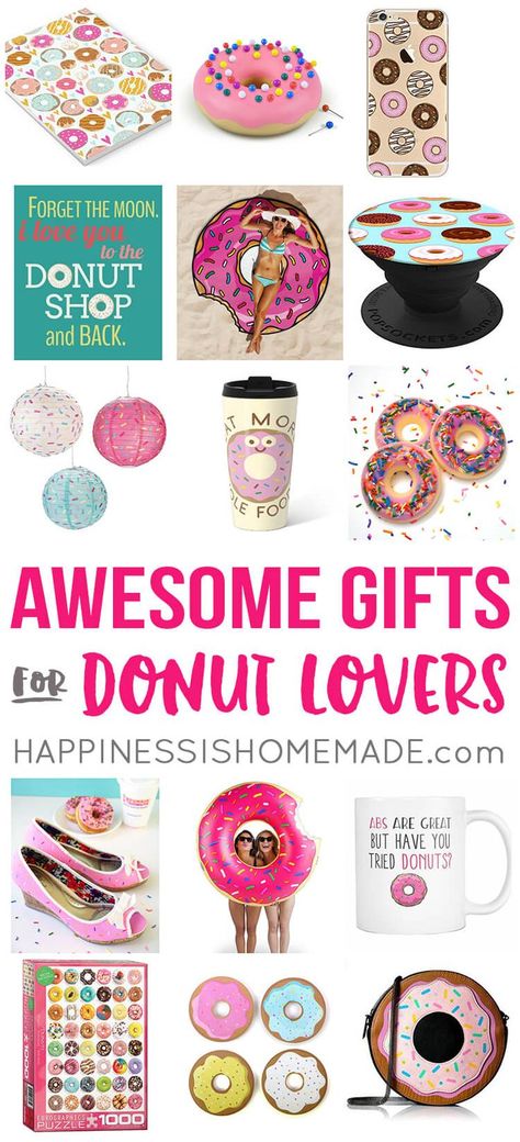 Need a gift for the donut fan in your life? These 16 Gift Ideas for Donut Lovers are sure to bring a smile to their face! Notebooks, phone gadgets, pool gear, mugs, fashion, DIY ideas, and more! via @hiHomemadeBlog Family Gift Guide, Donut Printable, Donut Worry Be Happy, Personalized Gift Baskets, Donut Gifts, Unique Gift Baskets, Diy Stocking Stuffers, Donut Worry, Galentines Gifts