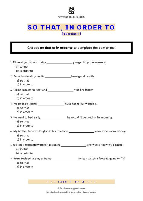 #sothatinorderto #english #englishgrammar #esl #eslworksheet #engblocks #eslwebsite Grade 6 Worksheets, Student Worksheet, English Grammar Exercises, Grammar Exercises, Values Education, English Grammar Worksheets, Complete Sentences, English Lessons For Kids, 9th Grade