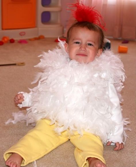 How To Make a DIY Chicken Costume Diy Chicken Costume, Cute Toddler Halloween Costumes, Feather Romper, White Feather Boa, Toddler Halloween Costume, Chicken Costume, Yellow Tights, Chicken Costumes, Diy Chicken