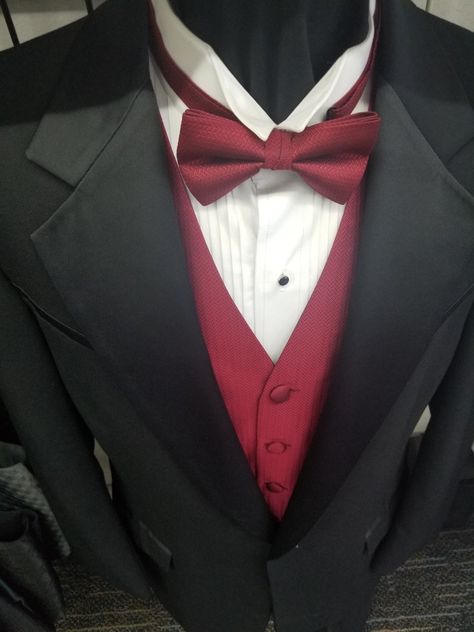 Apple red vest and bow tie Black Suit And Tie, Vest And Bow Tie, Red Vest, Apple Red, Black Suit, Vest White, Black Suits, Suit And Tie, Red Apple