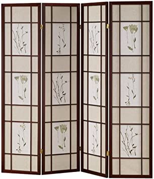 ORE International Four Panel Shoji Screen Cherry Finish Cheap Room Dividers, Room Divider Privacy, 3 Panel Room Divider, Divider Ideas, 4 Panel Room Divider, Botanical Floral Prints, Diy Room Divider, Shoji Screen, Folding Room Dividers