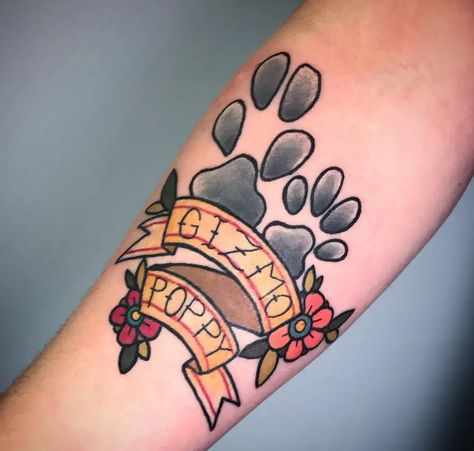 The 80+ Cutest Paw Print Tattoos Ever - The Paws Traditional Paw Tattoo, Traditional Paw Print Tattoo, Traditional Dog Paw Tattoo, Pawprint Tattoos, Paw Tattoo Ideas, Paw Print Tattoos, Harley Tattoos, 50 Tattoo, Dog Memorial Tattoos