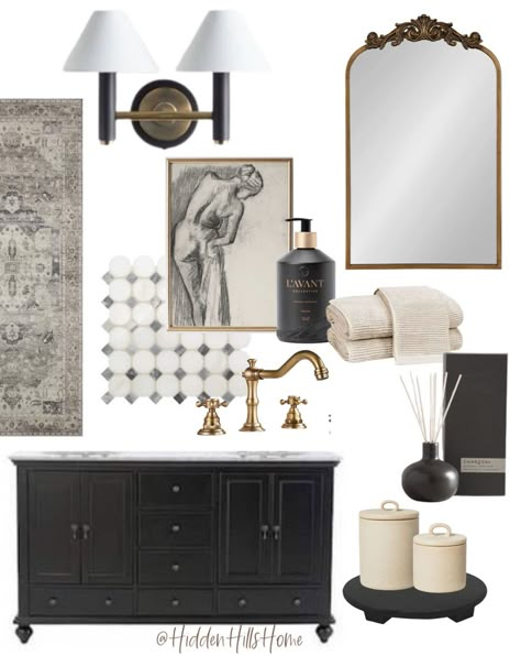 Shop Home Decorators Collection Newport … and other curated products on LTK, the easiest way to shop everything from your favorite creators. Primary Bathroom Black Vanity, Small Bathroom Brown Vanity, Black Grey And Cream Bathroom, Moody Taupe Bathroom, Guest Bathroom Ideas Black Vanity, Black Vanity Half Bathroom, Black Tile Bathroom Decor, Tan Black White Bathroom, Ivory And Black Bathroom