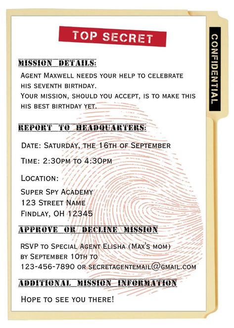 Secret Agent Spy Mission File Birthday Party Invitation Printable Diorama, Secret Agent Party, Special Agent, Secret Agent, Street Names, Birthday Party Invitation, Birthday Party Invitations, Birthday Invitations, Party Invitations