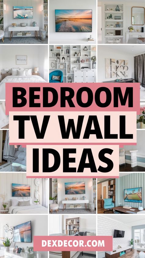 Collage of bedroom TV wall decor ideas featuring various styles and setups. Tv Wall Bedroom Ideas, Bedroom Tv Wall Decor, Bedroom Tv Wall Ideas, Tv Wall Bedroom, Wall Bedroom Ideas, Elevate Style, Cozy Colors Palette, Bedroom Interior Ideas, Bedroom Tv Wall