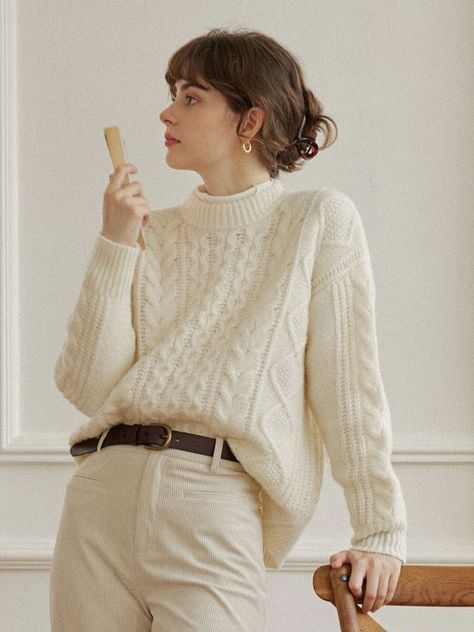 Cable Knit Sweater Outfit, Irish Sweater, White Cable Knit Sweater, Knit Sweater Outfit, White Knit Sweater, 가을 패션, White Sweater, Looks Style, Look Chic