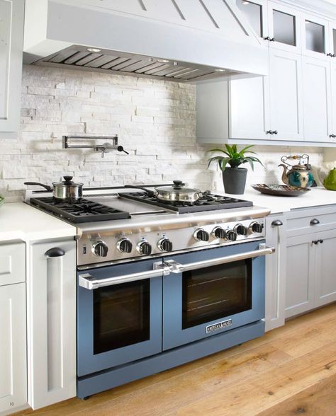 Metallic sky blue 48" American Range Kitchen With Wolf Range, Light Blue Range Stove, Wolf Range 48 In Kitchen, Modern Kitchen Stoves, Kitchen Stove Design, Range Alcove, Alcove Kitchen, Wolf Gas Range, Stove Alcove