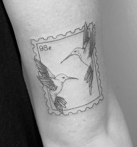 Hummingbird Stamp Tattoo, Post Card Stamp Tattoo, Postcard Stamp Tattoo, Bird In Frame Tattoo, Bird Stamp Tattoo, Post Card Tattoo, Postal Stamp Tattoo, Grandparent Tattoos, Fine Line Postage Stamp Tattoo