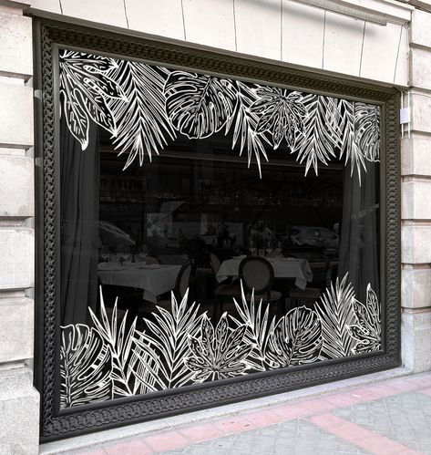 This large tropical leaves outline decal will decorate your shop window display and make passers-by turn around and pay attention to your shop/cafe/beauty salon/home. Window Vinyl Design, Salon Signage, Leaves Outline, Building Signage, Leaf Outline, Store Window Displays, Glazed Glass, Wall Borders, Flower Outline