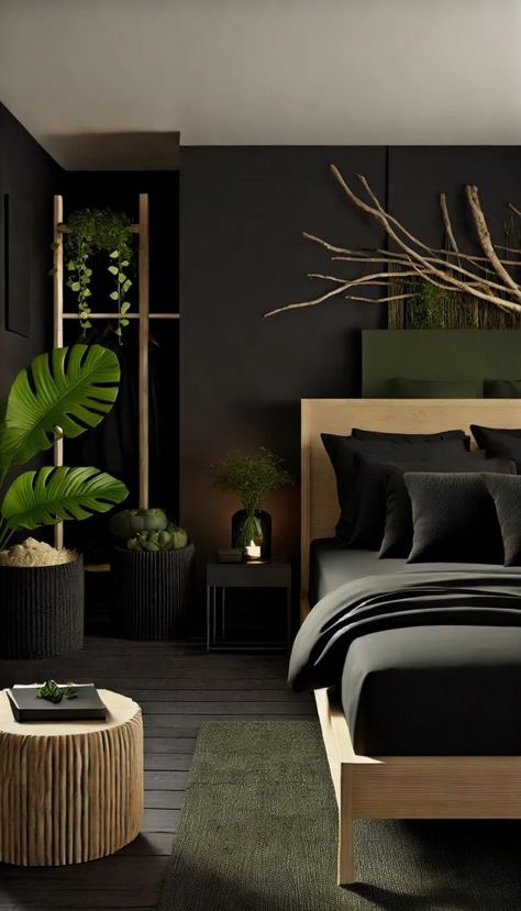 Black Wall In Master Room, Dark Cozy Bedroom Ideas Small Spaces, Cool Guest Bedroom Ideas, Moody Black Bedroom, Green And Black Home, Green Black Bedroom, Simple Aesthetic Bedroom, Cozy Black Bedroom, All Black Bedroom