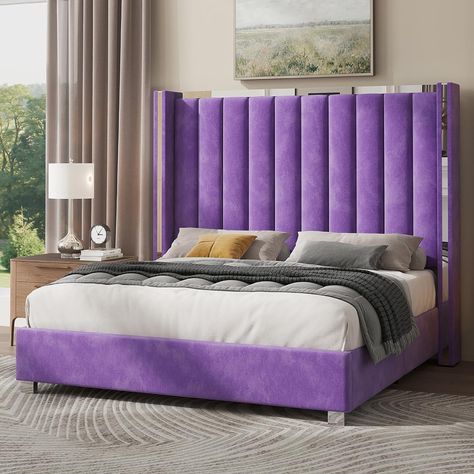 Jocisland King Size Bed Frame with 58" Tall Headboard, Velvet Upholstered Platform Bed with Channel Tufted Wingback Headboard and Plating Trim, No Box Spring Needed, Purple Purple Bed Frame Room Ideas, Headboard Velvet, Bedroom Moodboard, Letto King Size, Lit King Size, Box Springs, Tall Headboard, King Size Bed Frame, Wingback Headboard