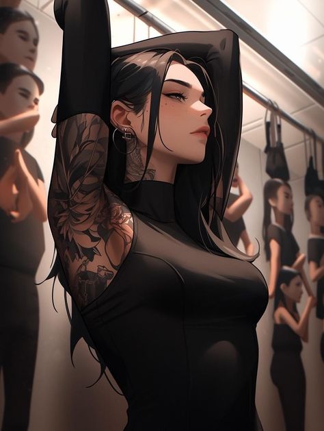 Anime Yakuza Woman, Oc Art Character Design Female, Rp Characters Female, Dark Hair Female Character Inspiration, Cyberpunk Oc Girl, Assasin Woman, Strong Anime Woman, Black Hair Female Character Art, Black Hair Character Design Female