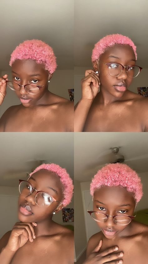 Dyed Buzzed Hair Black Women, Twa Makeup Look, Light Pink Short Hair Black Women, Very Short Pink Hair, Big Chop Colored Hair, Short Pink Curly Hair Black Women, Dye Short Hair Black Women, Pink Dyed Hair Black Women, Short Pink Hair Black Women