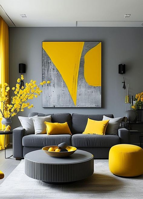 Mustard Living Rooms, Grey And Yellow Living Room, Gray Living Room Ideas, Stylish Living Room Ideas, Living Room Color Combination, Yellow Decor Living Room, Room Color Combination, Cozy Scandinavian, Grey Accent Wall