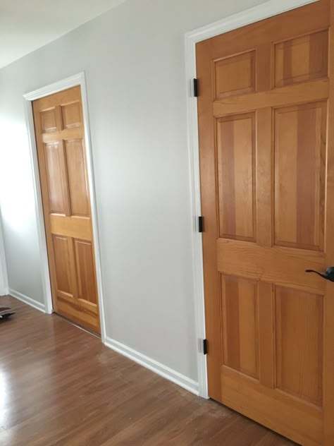 White Trim With Painted Doors, Wood Door With Painted Trim, White Walls Stained Doors, White Trim With Colored Doors, Two Tone Trim Interior, White Trim With Wood Floors, Oak Door White Trim, White Trim With Oak Doors, White Door With Wood Trim