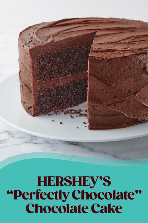 chocolate cake with chocolate frosting and banner on bottom of image with recipe title Homemade Chocolate Cake From Scratch, Hersheys Chocolate Cake, Hershey Cake, Hersheys Chocolate Cake Recipe, Chocolate Chocolate Cake, Hershey Chocolate Cakes, Candy Pie, Baking From Scratch, Homemade Cake Recipes Chocolate