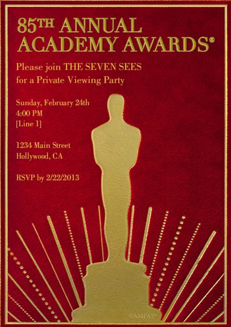 Oscar Party Invitations, Oscars Party Ideas, Academy Awards Party, Oscar Night, Awards Party, Oscar Award, Creative Advertising Design, Interior Design Sketches, Viewing Party