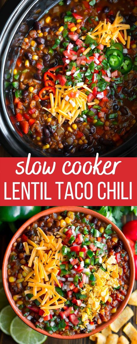 Vegetarian Slow Cooker, Soup Pairings, Taco Chili, Veggie Chili, Slow Cooker Lentils, Vegetarian Crockpot Recipes, Vegetarian Crockpot, Tasty Vegetarian Recipes, Lentil Recipes