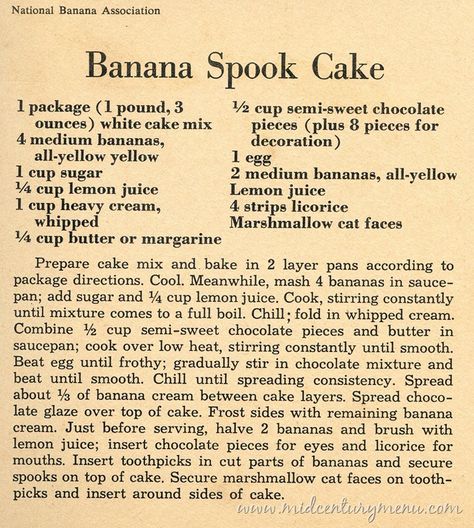 banana spook cake Vintage Halloween Recipes, Halloween Marshmallows, Halloween Tale, Banana Frosting, Halloween Cake Recipes, Cooking Bananas, Eating Bananas, Vintage Dessert, Halloween Recipe