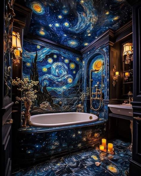 starry bathroom night Starry Night Bathroom, Small Mirror Wall Decor Ideas, Small Mirror Wall Decor, Night Bathroom, Room Under Stairs, Curtains Farmhouse, Floral Vans, Painted Front Porches, Porch Flooring