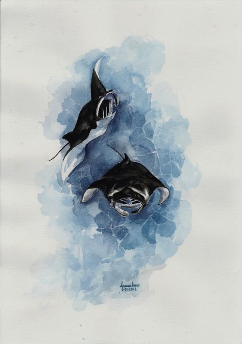 Soft realistic water color painting of 2 manta rays swimming underwater Manta Ray Watercolor Paintings, Manta Painting, Manta Ray Photography, Manta Wallpaper, Manta Ray Wallpaper, Manta Ray Illustration, Manta Ray Painting, Stingray Watercolor, Manta Ray Watercolor