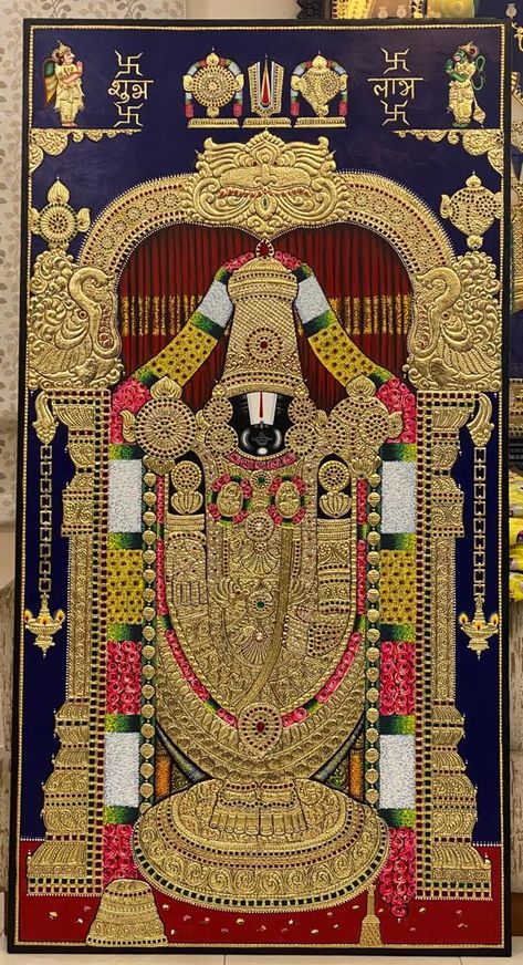 Pooja Room Photos Arrangement, Balaji Painting, Balaji Tanjore Painting, Lakshmi Maa, Pooja Unit, Ceilings Design, Tanjore Art, Mysore Painting, Indian Traditional Paintings