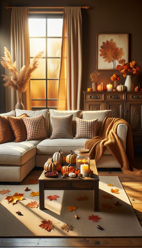 A cozy living room with an autumnal theme. Beige sectional sofa with a throw draped over it. Coffee table decorated with fall accents. Wooden console table with decor. Natural light enhances the room's ambiance. Autumn Lounge Decor, Autumn Colour Living Room Decor, Fall Living Room Ideas, Cozy Decor Ideas, Cozy Fall Living Room, Warm Color Palettes, Sectional Sofa Beige, Autumn Living Room, Cozy Ideas