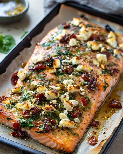 Just whipped up this delicious Mediterranean Salmon Bake. It's rich in flavor and perfect for a hearty meal! Salmon Bake, Salmon Dinner Recipes, Mediterranean Salmon, Healthy Fish Recipes, Mediterranean Recipes Healthy, Mediterranean Diet Recipes Dinners, Seafood Meals, Main Entrees, Easy Mediterranean Diet