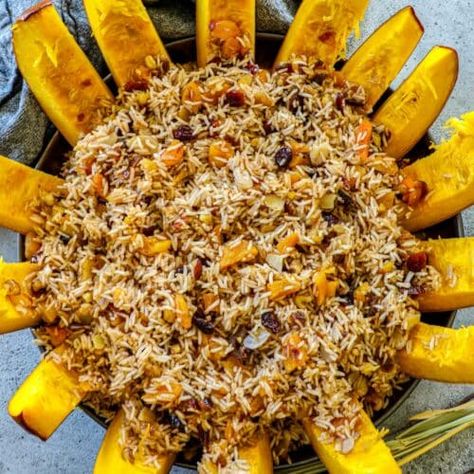 Ghapama Recipe (Armenian Stuffed Pumpkin) - Bonappeteach Armenian Ghapama Recipe, Ghapama Recipe, Stuffed Pumpkin Recipes, Armenian Rice, Foreign Recipes, Salmon Teriyaki, Salmon Teriyaki Recipe, Dried Raisins, Armenian Food