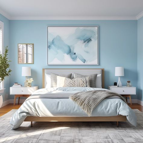 calm bedroom with light blue walls Light Blue Room With Accent Wall, Light Blue Bedroom Walls, Bedroom With Light Blue Walls, Light Blue Painted Walls, Sky Blue Bedroom, Light Blue Rooms, Calm Bedroom, Light Gray Bedroom, Light Blue Bedroom