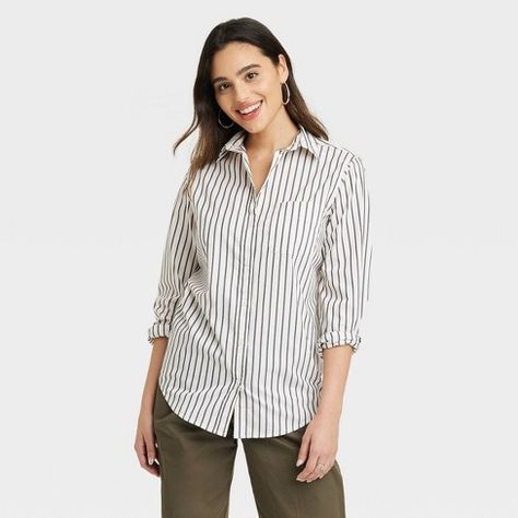 Women's Slim Fit Boyfriend Tailored Long Sleeve Button-Down Shirt - A New Day™ Black/White Striped M Breezy Aesthetic, Boyfriend Shirt, Chic Outfit, Easy Breezy, Hem Style, Poplin Shirt, Womens Clothing Sizes, Boyfriend Fit, Casual Shirt