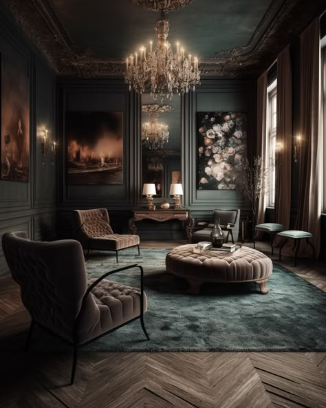 Moody Victorian Interior Design, Dark Walls Interior Design, Dark Parisian Living Room, Old Classic Interior Design, Antique Design Interior, Moody Elegant Interior, House Interior Inspo Aesthetic, Dark Green House Interior Design, Dark Formal Living Room