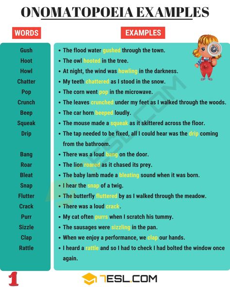 Onomatopoeia Definition & Onomatopoeia Words List with Examples - 7 E S L Korean Onomatopoeia, Poems With Onomatopoeia, Onomatopoeia Examples, Eng Learning, Figure Of Speech Examples Definitions, Japanese Onomatopoeia, Onomatopoeia Activities, Literature Analysis, List Of Homophones