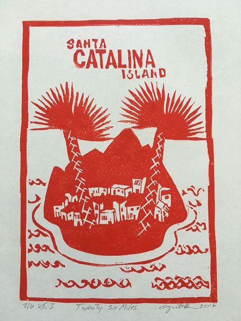 Twenty Six Miles Across the Sea. . . Santa Catalina is Waiting for Me.  I made this print from a vintage travel poster for Santa Catalina Island. It's fun and simple and will ultimately become a reduction print, but I just don't have the heart to cut her away just yet. I chose colors that resemble the famous and highly coveted Catalina pottery. Overview: - Title: Twenty Six Miles - Linocut Relief Print- Limited Edition - Printed on 74 gsm paper - Prints are numbered, titled and signed - Image si Memories Wall, Santa Catalina Island, Sign Image, Coastal Wall Decor, Vacation Memories, Santa Catalina, Relief Print, Catalina Island, Island Art