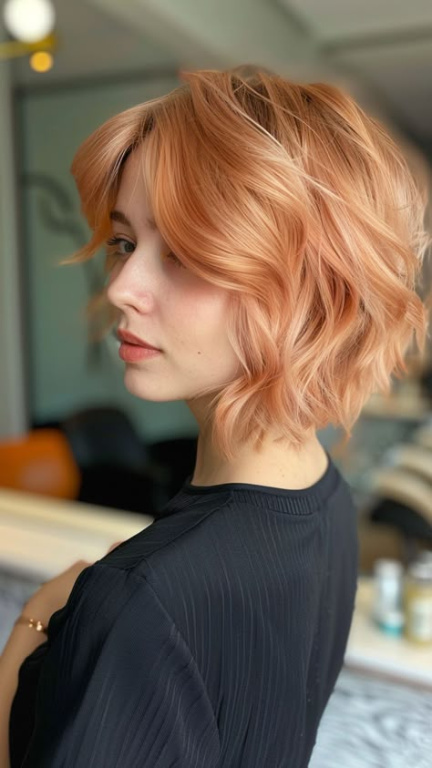 25 Trendy Color Ideas for Short Hair to Enhance Your Style Peach Toned Hair, Peach Pixie Hair, Strawberry Blonde Bob With Bangs, Short Peach Hair, Peach Short Hair, Short Hair Color Ideas Unique, Strawberry Blonde Short Hair, Apricot Hair Color, Copper Short Hair