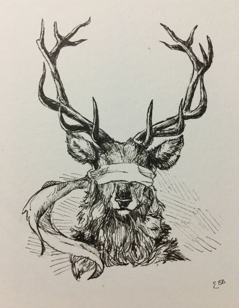 A blind stag Yellow Stone Tattoo, Scottish Stag Tattoo, Wild Hunt Tattoo, Deer Tattoos For Men, Stag Drawing, Stag Tattoo Design, Stag Illustration, Deer Head Tattoo, Historical Tattoos