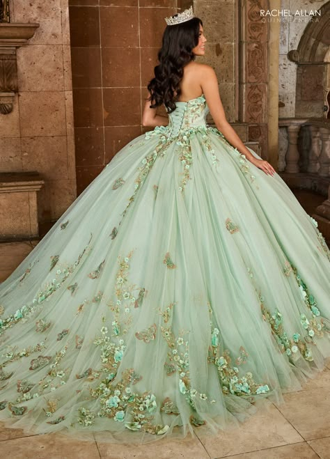 Lime Green Quince Dress, Light Green And Gold Quinceanera Dresses, Princess Tiana Quinceanera Dresses, Quinceanera Dresses Sage Green, Sage Green Quinceanera Dresses, Light Ombre, Quinceanera Dresses Gold, Quinceanera Themes Dresses, Tulle Applique