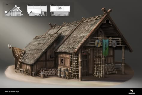 ArtStation - Viking House 02 / Concept Art, Leartes Studios Norse House, Village Environment, Viking Hall, Fishing House, Nordic Architecture, Viking House, Viking Village, Nordic House, Base Building