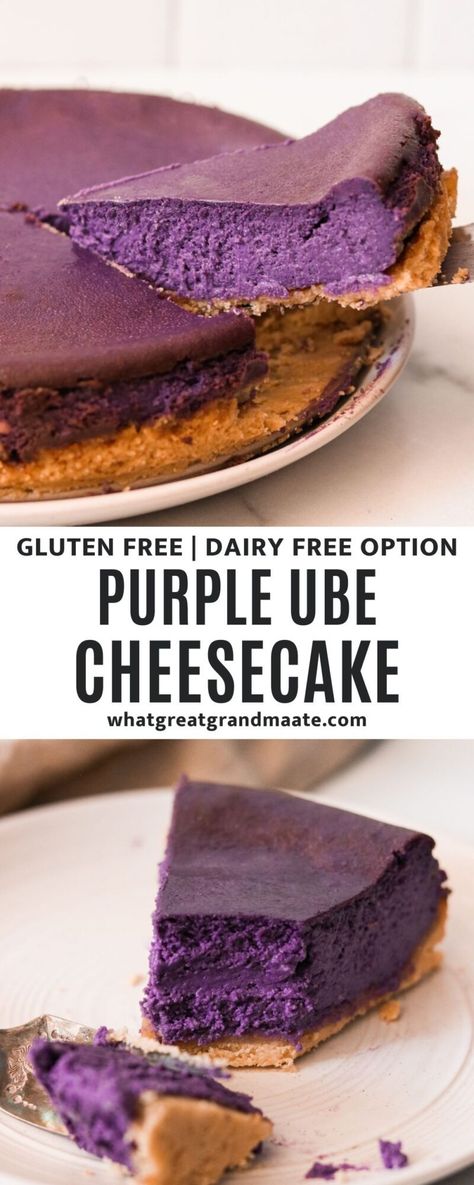 This flavorful ube cheesecake has a crunchy graham-cracker-like crust and a creamy, vibrant purple cheesecake filling. It's easy to make, delicious to eat, and absolutely beautiful! Purple Cheesecake, Ube Cheesecake Recipe, Ube Cheesecake, Cheesecake Gluten Free, Desserts With Few Ingredients, 2023 Recipes, Delicious Paleo Recipes, Gluten Free Crust, Dairy Free Cream