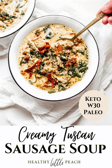 This creamy and savory Whole30 Tuscan Sausage Soup is filled with ground sausage, dairy free cream cheese, spinach, onions, garlic, sundried tomatoes, Italian seasoning, coconut milk and chicken broth. Super easy to make and can be on your dinner table in 40 minutes. Keto, Whole30, Paleo, Gluten Free, Dairy Free. Only 6 NET CARBS per bowl. Tuscan Sausage Soup, Tuscan Sausage, Ground Sausage Recipes, Cream Cheese Spinach, Soup Keto, Tuscan Soup, Dairy Free Cream Cheese, Italian Sausage Soup, Paleo Soup