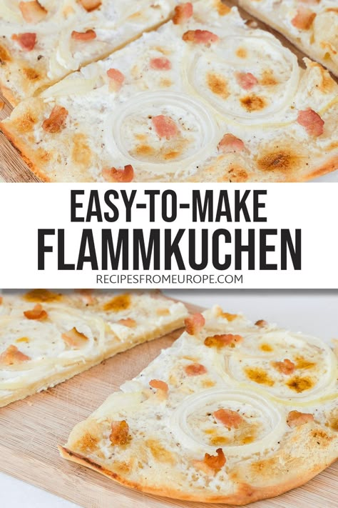 Looking to make delicious Flammkuchen? This classic recipe for Tarte Flambée is easy to make and topped with a creamy base, onions, and bacon! Tarte Flambee Recipe, German Drinks, Lady Finger Cake, Michigan Recipes, German Snacks, Finger Cake, Outdoor Solar Shower, Quick Biscuits, German Breakfast